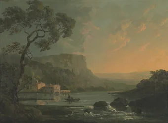 Paysage avec des pêcheurs sur un lac